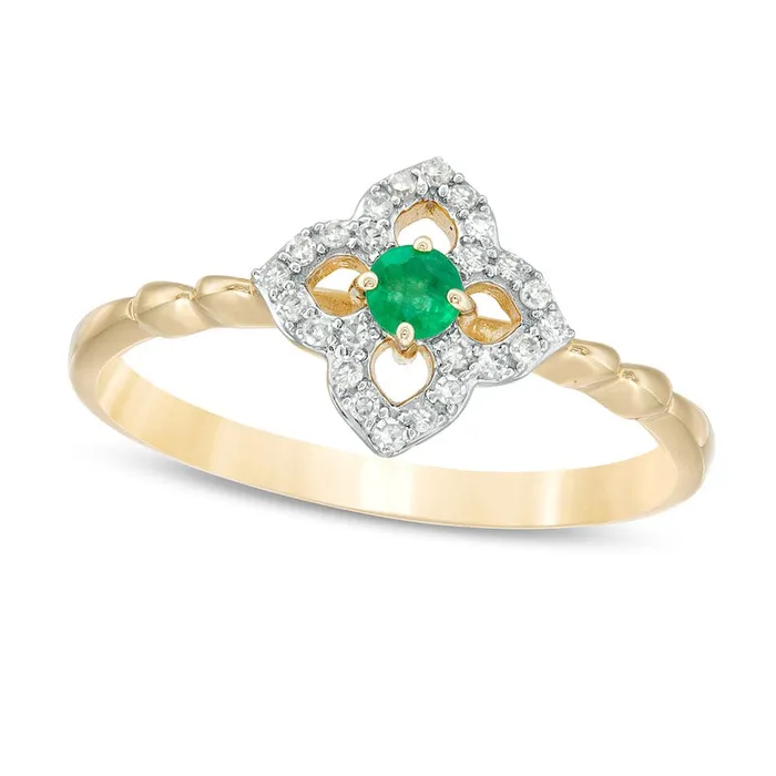 Goldia Rings 30mm Emerald and 010 CT TW Natural Diamond Open Petal Frame Scallop Shank Flower Ring in Solid 10K Yellow Gold Goldia Rings 30mm Emerald and 010 CT TW Natural Diamond Open Petal Frame Scallop Shank Flower Ring in Solid 10K Yellow Gold