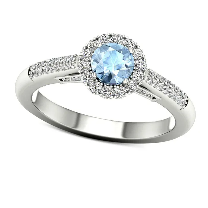 Goldia Rings 50mm Aquamarine and 025 CT TW Natural Diamond Frame Double Row Flower Ring in Solid 10K White Gold Goldia Rings 50mm Aquamarine and 025 CT TW Natural Diamond Frame Double Row Flower Ring in Solid 10K White Gold