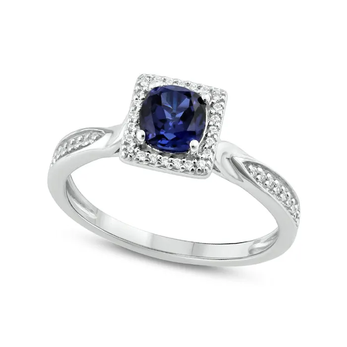 Goldia Rings 50mm CushionCut Blue LabCreated Sapphire and 013 CT TW Diamond Frame Engagement Ring in Sterling Silver Goldia Rings 50mm CushionCut Blue LabCreated Sapphire and 013 CT TW Diamond Frame Engagement Ring in Sterling Silver