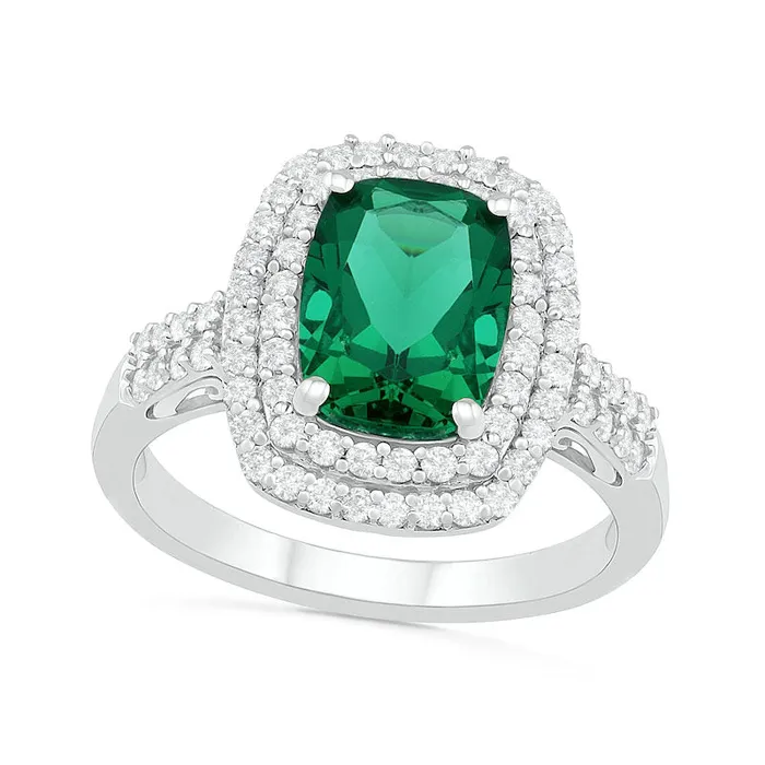 Goldia Rings CushionCut LabCreated Emerald and White Sapphire Double Frame Two Row Ring in Sterling Silver Goldia Rings CushionCut LabCreated Emerald and White Sapphire Double Frame Two Row Ring in Sterling Silver