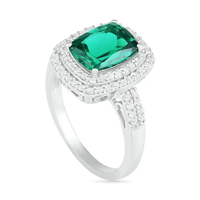 Goldia Rings CushionCut LabCreated Emerald and White Sapphire Double Frame Two Row Ring in Sterling Silver Goldia Rings CushionCut LabCreated Emerald and White Sapphire Double Frame Two Row Ring in Sterling Silver