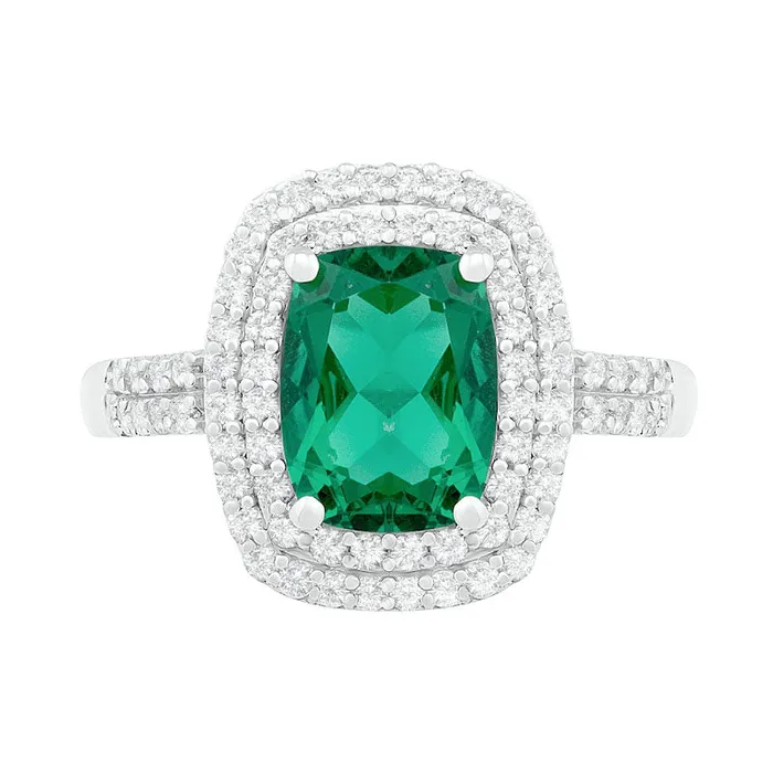 Goldia Rings CushionCut LabCreated Emerald and White Sapphire Double Frame Two Row Ring in Sterling Silver Goldia Rings CushionCut LabCreated Emerald and White Sapphire Double Frame Two Row Ring in Sterling Silver