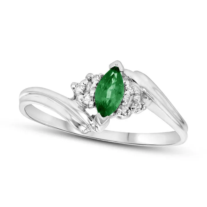 Goldia Rings Marquise Emerald and 005 CT TW Natural Diamond TriSides Bypass Ring in Solid 14K White Gold Goldia Rings Marquise Emerald and 005 CT TW Natural Diamond TriSides Bypass Ring in Solid 14K White Gold