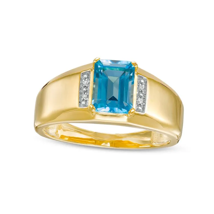 Goldia Rings Mens EmeraldCut Swiss Blue Topaz and Natural Diamond Accent Collar Ring in Solid 10K Yellow Gold Goldia Rings Mens EmeraldCut Swiss Blue Topaz and Natural Diamond Accent Collar Ring in Solid 10K Yellow Gold