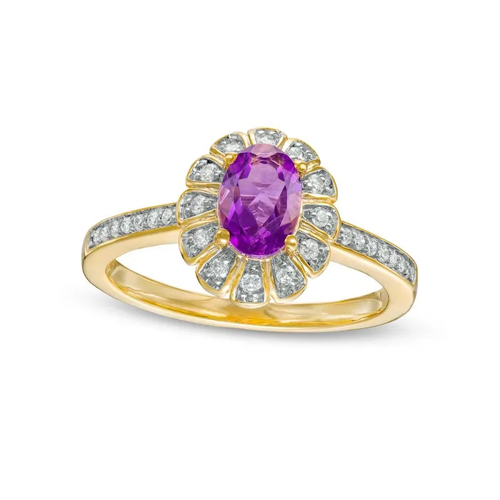 Goldia Rings Oval Amethyst and 017 CT TW Natural Diamond Sun Frame Ring in Solid 10K Yellow Gold Goldia Rings Oval Amethyst and 017 CT TW Natural Diamond Sun Frame Ring in Solid 10K Yellow Gold