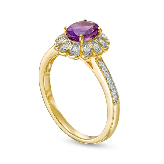Goldia Rings Oval Amethyst and 017 CT TW Natural Diamond Sun Frame Ring in Solid 10K Yellow Gold Goldia Rings Oval Amethyst and 017 CT TW Natural Diamond Sun Frame Ring in Solid 10K Yellow Gold