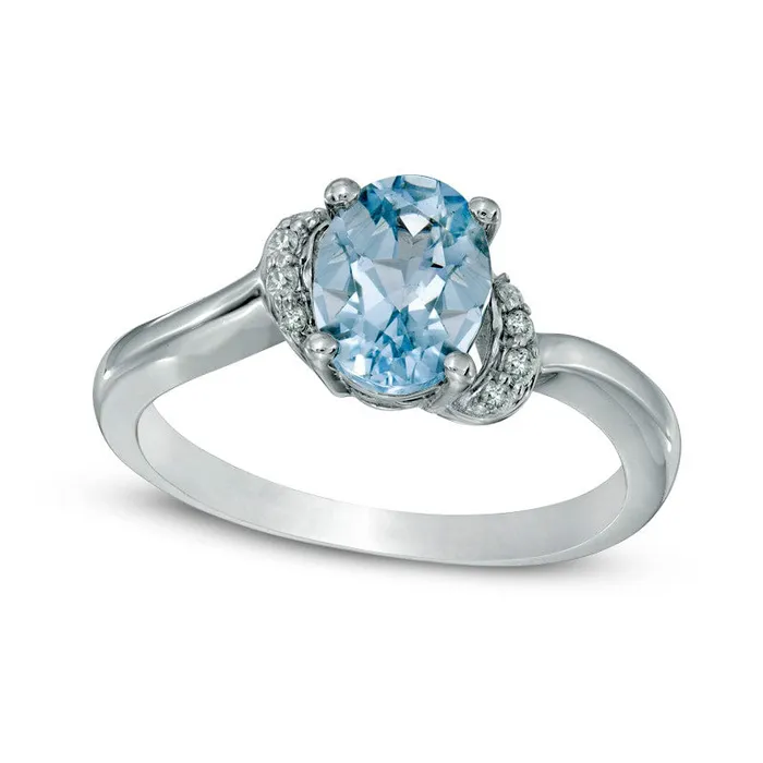 Goldia Rings Oval Aquamarine and Natural Diamond Accent Ring in Sterling Silver Goldia Rings Oval Aquamarine and Natural Diamond Accent Ring in Sterling Silver
