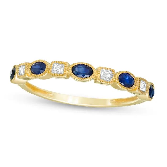 Goldia Rings Oval Blue Sapphire and 010 CT TW PrincessCut Natural Diamond Four Stone Art Deco Stackable Ring in Solid 10K Yellow Gold Goldia Rings Oval Blue Sapphire and 010 CT TW PrincessCut Natural Diamond Four Stone Art Deco Stackable Ring in Solid 10K Yellow Gold