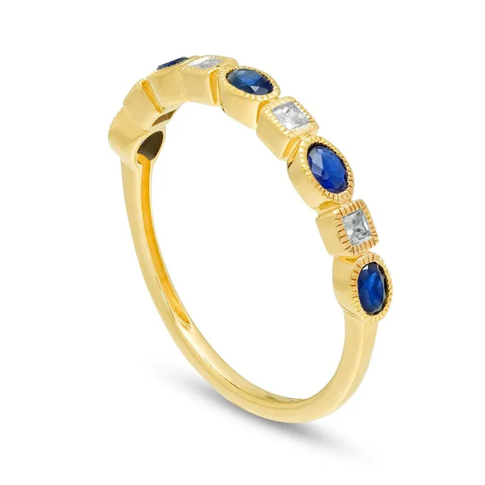 Goldia Rings Oval Blue Sapphire and 010 CT TW PrincessCut Natural Diamond Four Stone Art Deco Stackable Ring in Solid 10K Yellow Gold Goldia Rings Oval Blue Sapphire and 010 CT TW PrincessCut Natural Diamond Four Stone Art Deco Stackable Ring in Solid 10K Yellow Gold