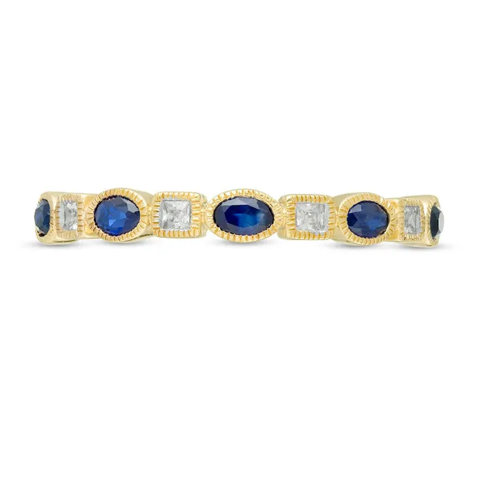 Goldia Rings Oval Blue Sapphire and 010 CT TW PrincessCut Natural Diamond Four Stone Art Deco Stackable Ring in Solid 10K Yellow Gold Goldia Rings Oval Blue Sapphire and 010 CT TW PrincessCut Natural Diamond Four Stone Art Deco Stackable Ring in Solid 10K Yellow Gold