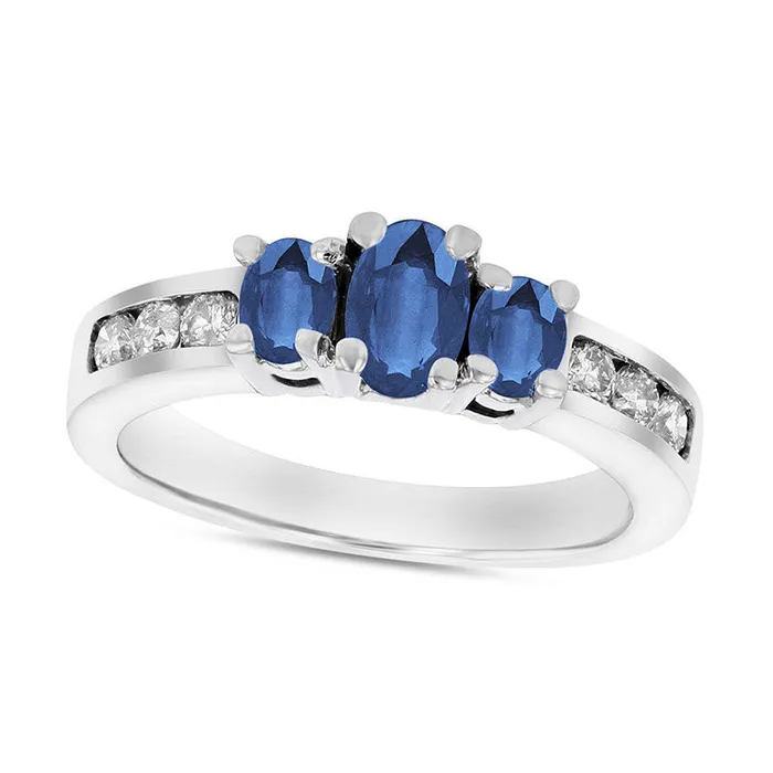 Goldia Rings Oval Blue Sapphire and 033 CT TW Natural Diamond Channel Three Stone Engagement Ring in Solid 14K White Gold Goldia Rings Oval Blue Sapphire and 033 CT TW Natural Diamond Channel Three Stone Engagement Ring in Solid 14K White Gold
