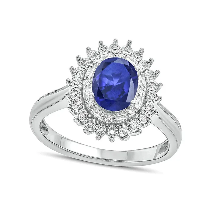 Goldia Rings Oval LabCreated Blue Sapphire and 013 CT TW Diamond Starburst Double Frame Antique VintageStyle Ring in Sterling Silver Goldia Rings Oval LabCreated Blue Sapphire and 013 CT TW Diamond Starburst Double Frame Antique VintageStyle Ring in Sterling Silver