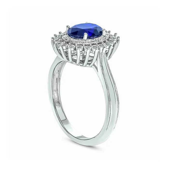Goldia Rings Oval LabCreated Blue Sapphire and 013 CT TW Diamond Starburst Double Frame Antique VintageStyle Ring in Sterling Silver Goldia Rings Oval LabCreated Blue Sapphire and 013 CT TW Diamond Starburst Double Frame Antique VintageStyle Ring in Sterling Silver