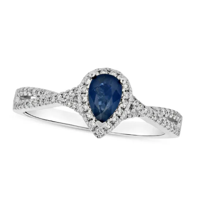 Goldia Rings PearShaped Blue Sapphire and 020 CT TW Natural Diamond Frame Crossover Engagement Ring in Solid 18K White Gold
