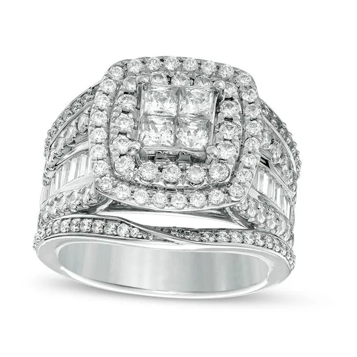 Goldia Rings Previously Owned 25 CT TW Quad PrincessCut Natural Diamond Double Frame MultiRow Engagement Ring in Solid 14K White Gold Goldia Rings Previously Owned 25 CT TW Quad PrincessCut Natural Diamond Double Frame MultiRow Engagement Ring in Solid 14K White Gold