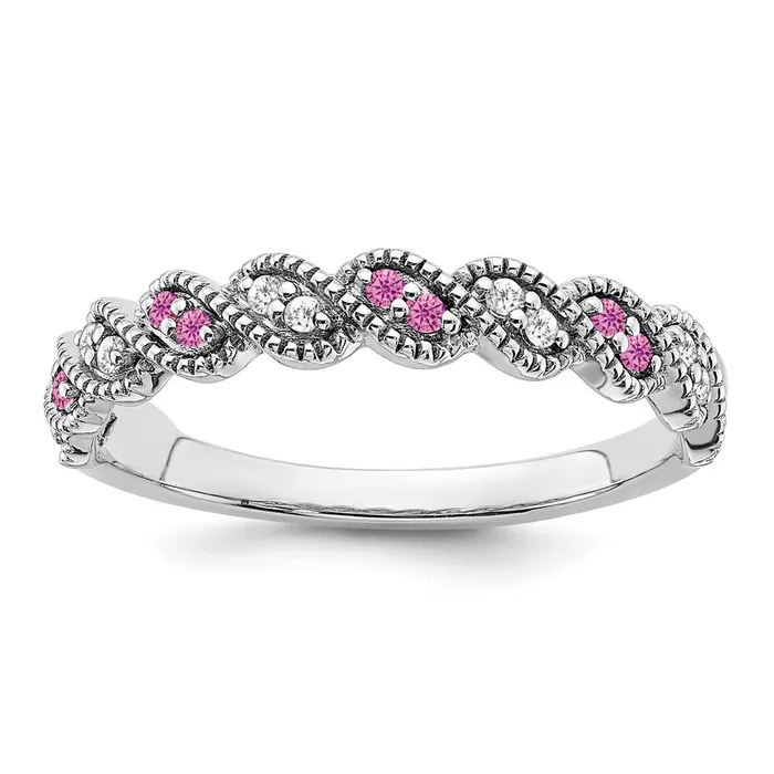 Goldia Rings Solid 14k White Gold Created PinK Simulated Sapphire and CZ Twist Band Goldia Rings Solid 14k White Gold Created PinK Simulated Sapphire and CZ Twist Band