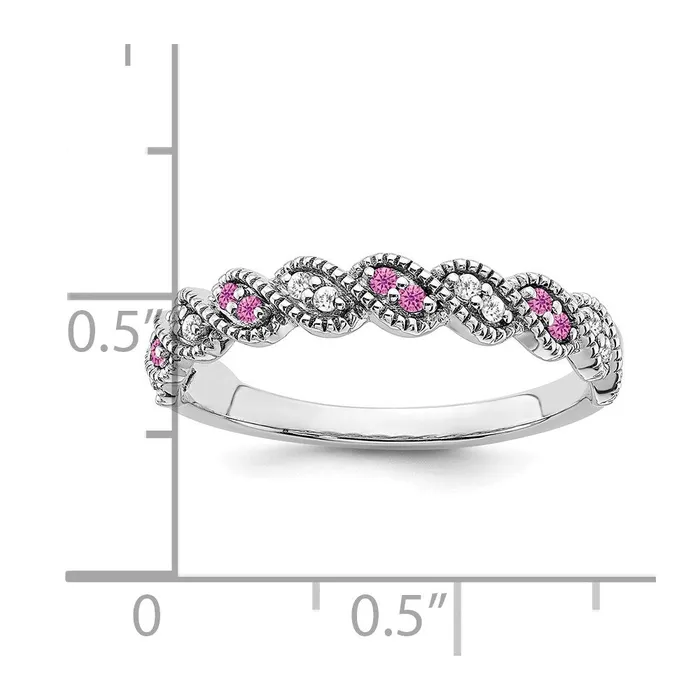 Goldia Rings Solid 14k White Gold Created PinK Simulated Sapphire and CZ Twist Band