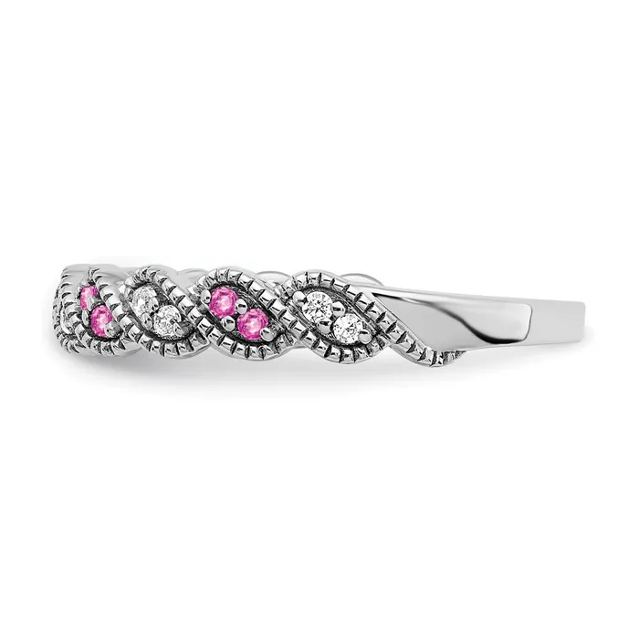 Goldia Rings Solid 14k White Gold Created PinK Simulated Sapphire and CZ Twist Band