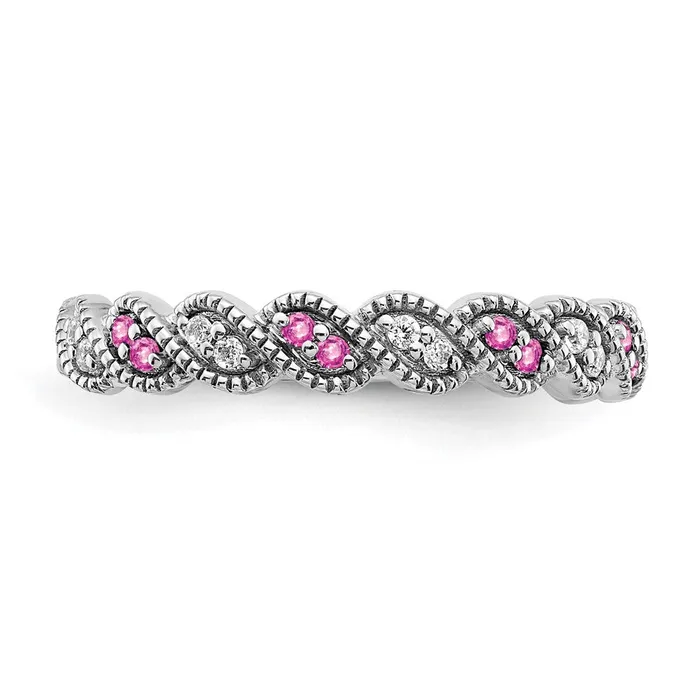 Goldia Rings Solid 14k White Gold Created PinK Simulated Sapphire and CZ Twist Band