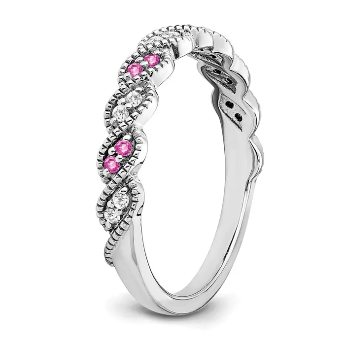 Goldia Rings Solid 14k White Gold Created PinK Simulated Sapphire and CZ Twist Band