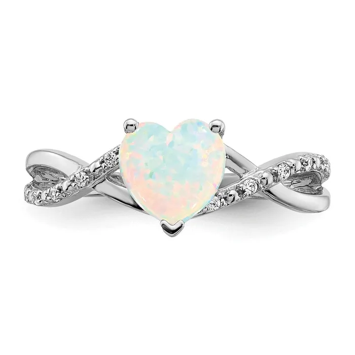 Goldia Rings Solid 14k White Gold Created Simulated Opal and CZ Heart Ring