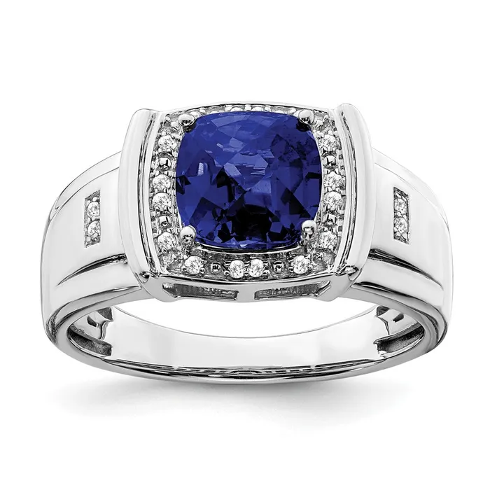 Goldia Rings Solid 14k White Gold Cushion Created Simulated Sapphire and CZ Mens Ring Goldia Rings Solid 14k White Gold Cushion Created Simulated Sapphire and CZ Mens Ring