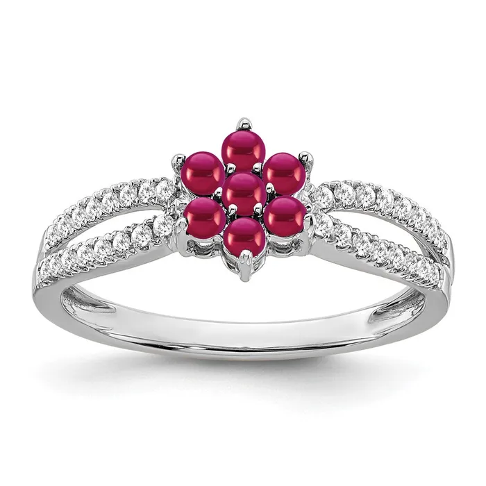 Goldia Rings Solid 14k White Gold Simulated Ruby and CZ Floral Ring