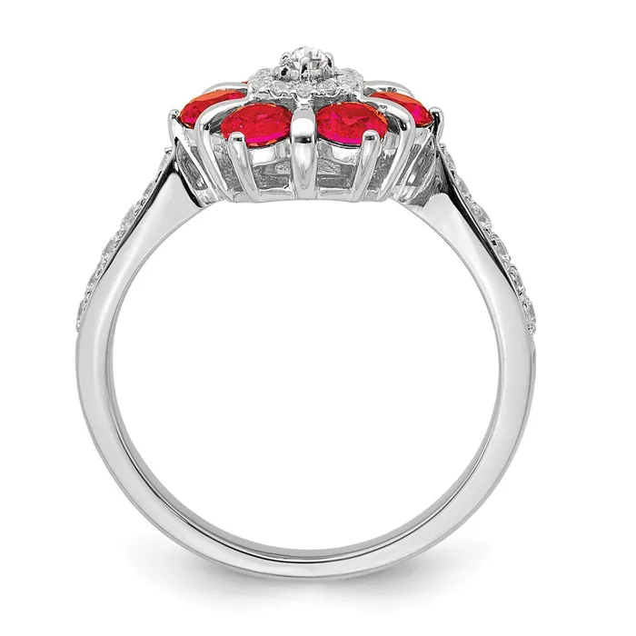 Goldia Rings Solid 14k White Gold Simulated Ruby and CZ Floral Ring