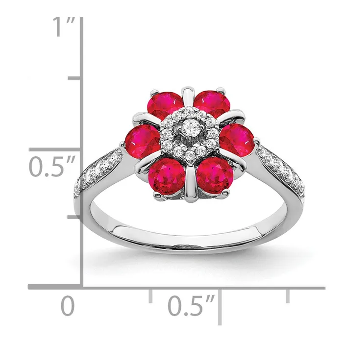 Goldia Rings Solid 14k White Gold Simulated Ruby and CZ Floral Ring