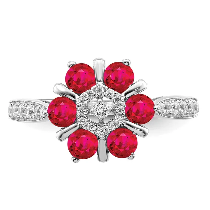 Goldia Rings Solid 14k White Gold Simulated Ruby and CZ Floral Ring