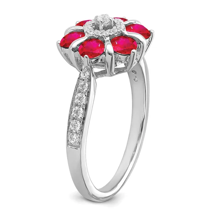 Goldia Rings Solid 14k White Gold Simulated Ruby and CZ Floral Ring