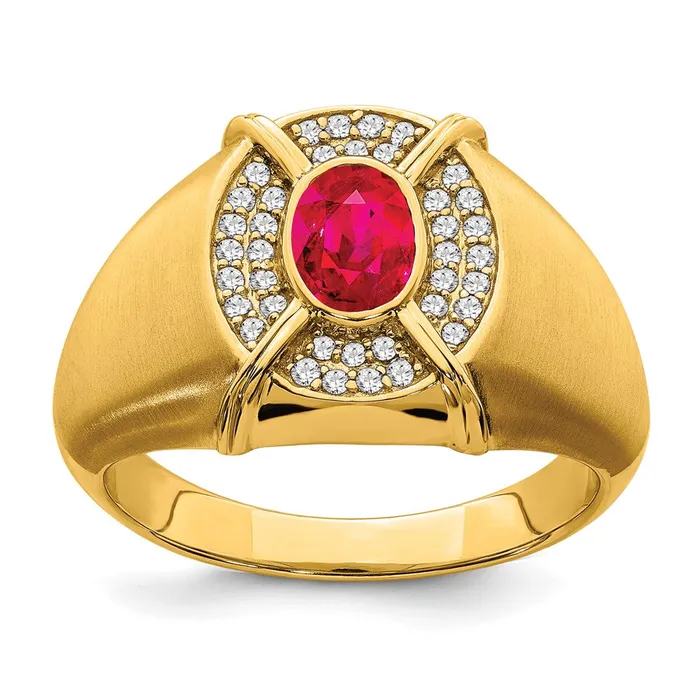 Goldia Rings Solid 14k Yellow Gold Simulated Ruby and CZ Mens Ring