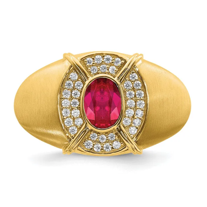 Goldia Rings Solid 14k Yellow Gold Simulated Ruby and CZ Mens Ring