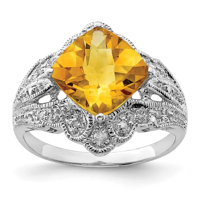 Goldia Rings Sterling Silver Rhodium Cushion CheckerCut Citrine u0026 Diamond Ring Goldia Rings Sterling Silver Rhodium Cushion CheckerCut Citrine u0026 Diamond Ring
