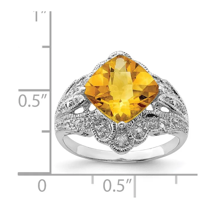 Goldia Rings Sterling Silver Rhodium Cushion CheckerCut Citrine u0026 Diamond Ring