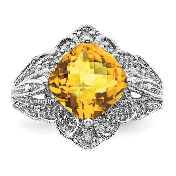 Goldia Rings Sterling Silver Rhodium Cushion CheckerCut Citrine u0026 Diamond Ring