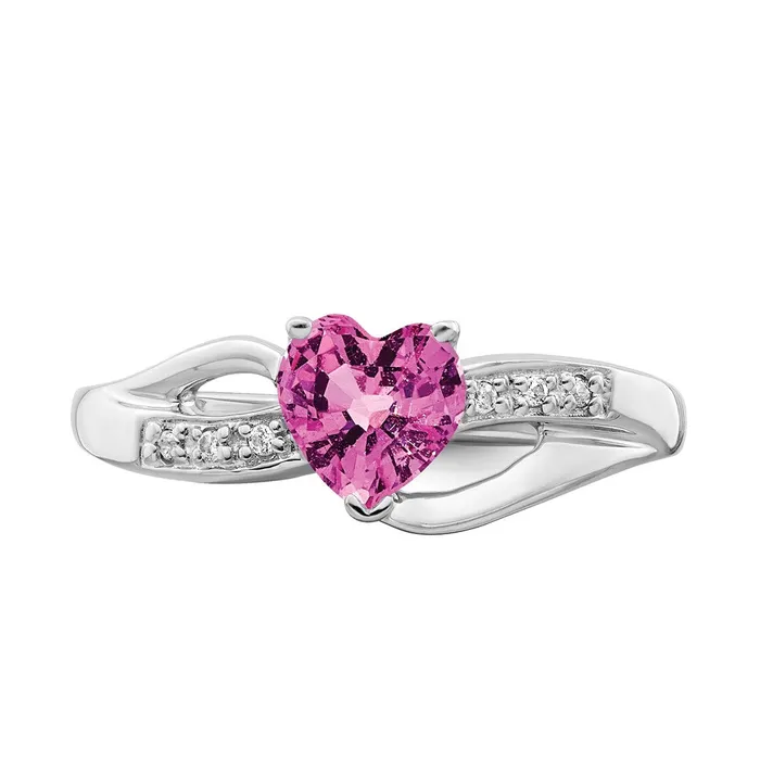 Goldia Solid 14k White Gold Created PinK Simulated Sapphire and CZ Heart Ring Rings