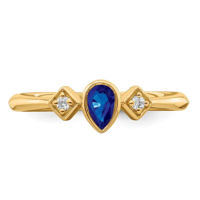 Goldia Solid 14k Yellow Gold Pear Bezel Simulated Sapphire and CZ Ring Rings