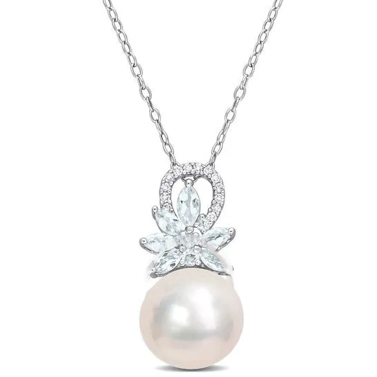 JMS always Necklaces Original AMOUR 1112mm Cultured Freshwater Pearl and 58 CT TGW Aquamarine and Diamond Accent Flower Pendant with Chain In Sterling Silver JMS always Necklaces Original AMOUR 1112mm Cultured Freshwater Pearl and 58 CT TGW Aquamarine and Diamond Accent Flower Pendant with Chain In Sterling Silver