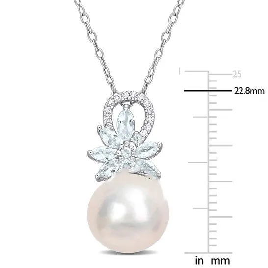 JMS always Necklaces Original AMOUR 1112mm Cultured Freshwater Pearl and 58 CT TGW Aquamarine and Diamond Accent Flower Pendant with Chain In Sterling Silver JMS always Necklaces Original AMOUR 1112mm Cultured Freshwater Pearl and 58 CT TGW Aquamarine and Diamond Accent Flower Pendant with Chain In Sterling Silver