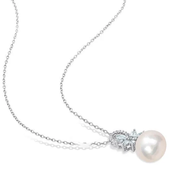 JMS always Necklaces Original AMOUR 1112mm Cultured Freshwater Pearl and 58 CT TGW Aquamarine and Diamond Accent Flower Pendant with Chain In Sterling Silver JMS always Necklaces Original AMOUR 1112mm Cultured Freshwater Pearl and 58 CT TGW Aquamarine and Diamond Accent Flower Pendant with Chain In Sterling Silver