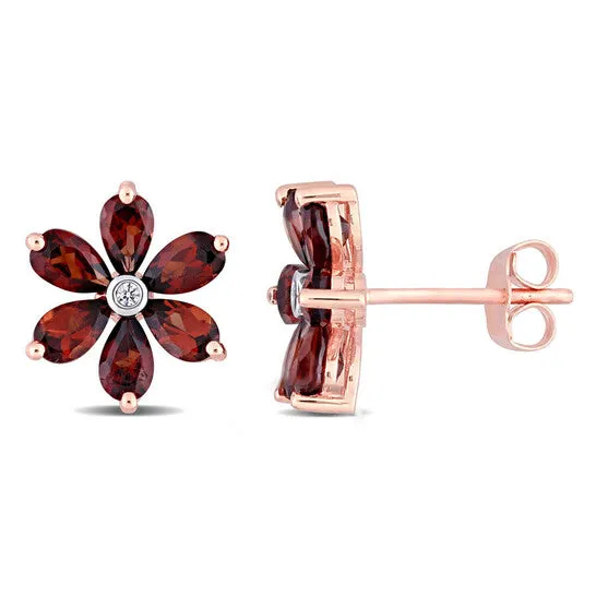 JMS always Original AMOUR 3 14 CT TGW Garnet and Diamond Accent Floral Stud Earrings In 10K Rose Gold Earrings