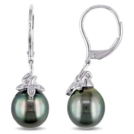 JMS always Original AMOUR 9 10 Mm Black Tahitian Cultured Pearl and Diamond Cluster Leaf Leverback Earrings In 10K White Gold Earrings