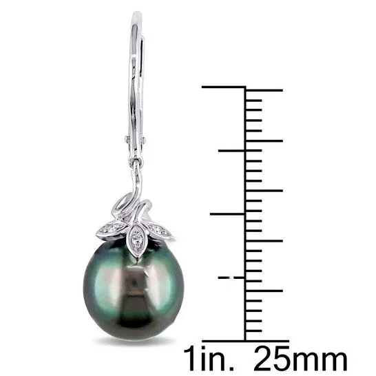 JMS always Original AMOUR 9 10 Mm Black Tahitian Cultured Pearl and Diamond Cluster Leaf Leverback Earrings In 10K White Gold Earrings JMS always Original AMOUR 9 10 Mm Black Tahitian Cultured Pearl and Diamond Cluster Leaf Leverback Earrings In 10K White Gold Earrings