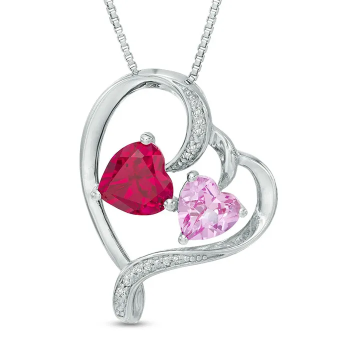 LabCreated Pink Sapphire Ruby and Diamond Accent Tilted Heart Pendant in Sterling Silver Goldia Necklaces LabCreated Pink Sapphire Ruby and Diamond Accent Tilted Heart Pendant in Sterling Silver Goldia Necklaces