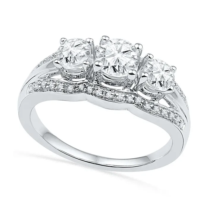 LabCreated White Sapphire and Diamond Accent Frame Three Stone Engagement Ring in Sterling Silver Goldia Rings LabCreated White Sapphire and Diamond Accent Frame Three Stone Engagement Ring in Sterling Silver Goldia Rings