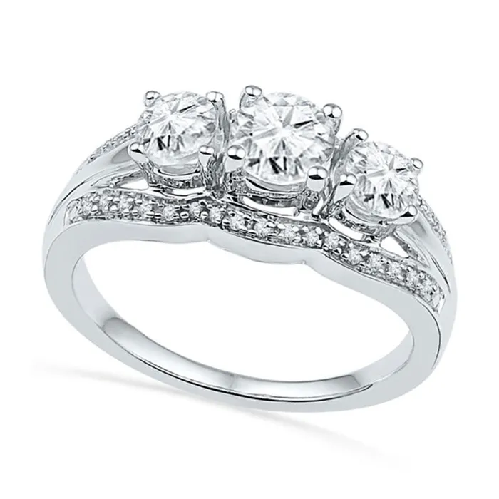 LabCreated White Sapphire and Diamond Accent Frame Three Stone Engagement Ring in Sterling Silver Goldia Rings LabCreated White Sapphire and Diamond Accent Frame Three Stone Engagement Ring in Sterling Silver Goldia Rings