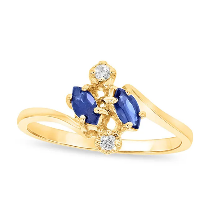Marquise Blue Sapphire and Natural Diamond Accent Bypass Ring in Solid 14K Gold Goldia Rings Marquise Blue Sapphire and Natural Diamond Accent Bypass Ring in Solid 14K Gold Goldia Rings