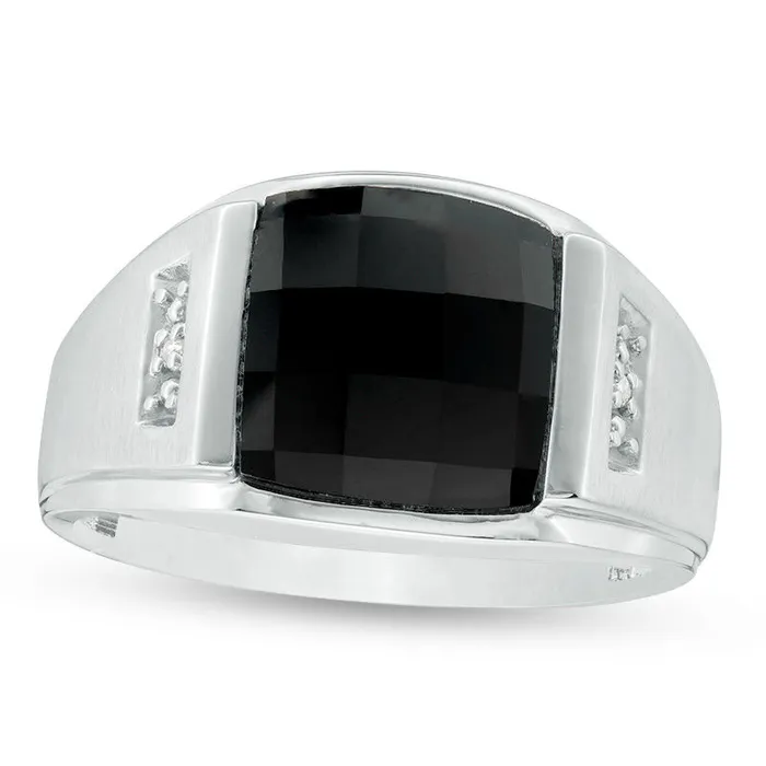 Mens Rectangle Faceted Onyx and Natural Diamond Accent MultiFinish Ring in Solid 10K White Gold Goldia Rings Mens Rectangle Faceted Onyx and Natural Diamond Accent MultiFinish Ring in Solid 10K White Gold Goldia Rings