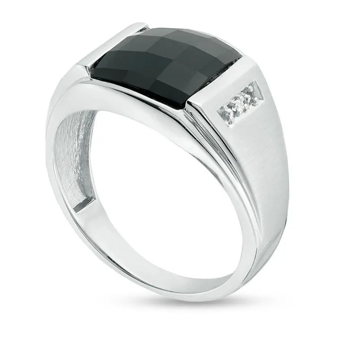 Mens Rectangle Faceted Onyx and Natural Diamond Accent MultiFinish Ring in Solid 10K White Gold Goldia Rings Mens Rectangle Faceted Onyx and Natural Diamond Accent MultiFinish Ring in Solid 10K White Gold Goldia Rings